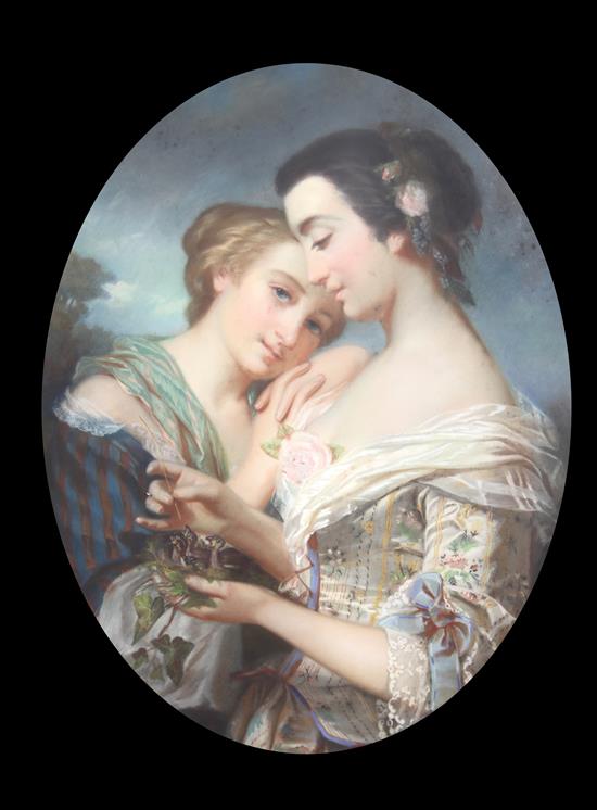 19th century English School Portrait of two young ladies, oval, 31 x 25in.